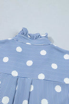 Stripe Contrast Polka Dot Print Pleated Ruffle Sleeve Shirt