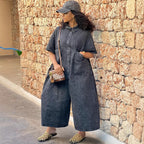 Women'sDenim Jumpsuit Washed Single-Button Short Sleeve Loose Jumpsuit
