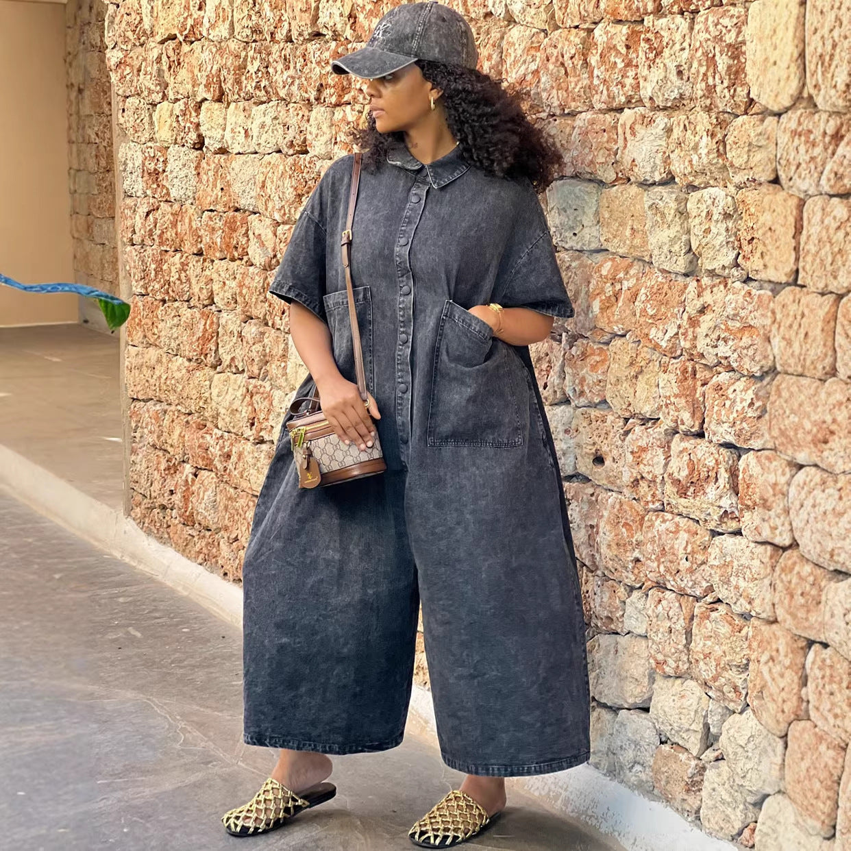 Women'sDenim Jumpsuit Washed Single-Button Short Sleeve Loose Jumpsuit