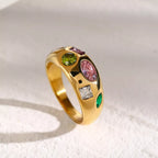 Colorful zircon ring with 18K gold-plated finish from Shopimist, featuring vibrant gemstones and a sleek band design.