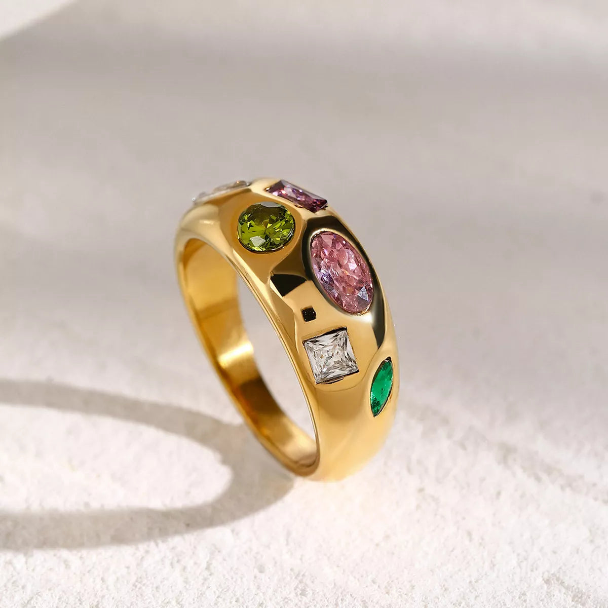 Colorful zircon ring with 18K gold-plated finish from Shopimist, featuring vibrant gemstones and a sleek band design.