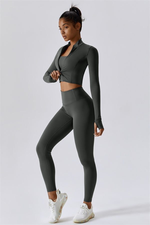 Fitglutes Activewear Eloise 3-piece sports bra, jacket, and leggings matching set for workout and gym activities.