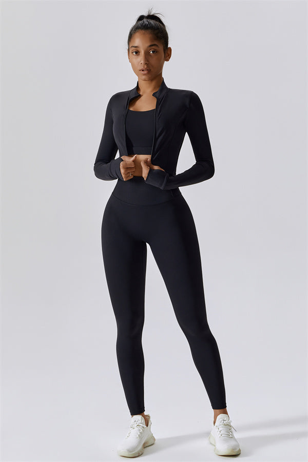 Fitglutes Activewear Eloise 3-piece set with sports bra, leggings, and jacket, designed for gym and workout activities.