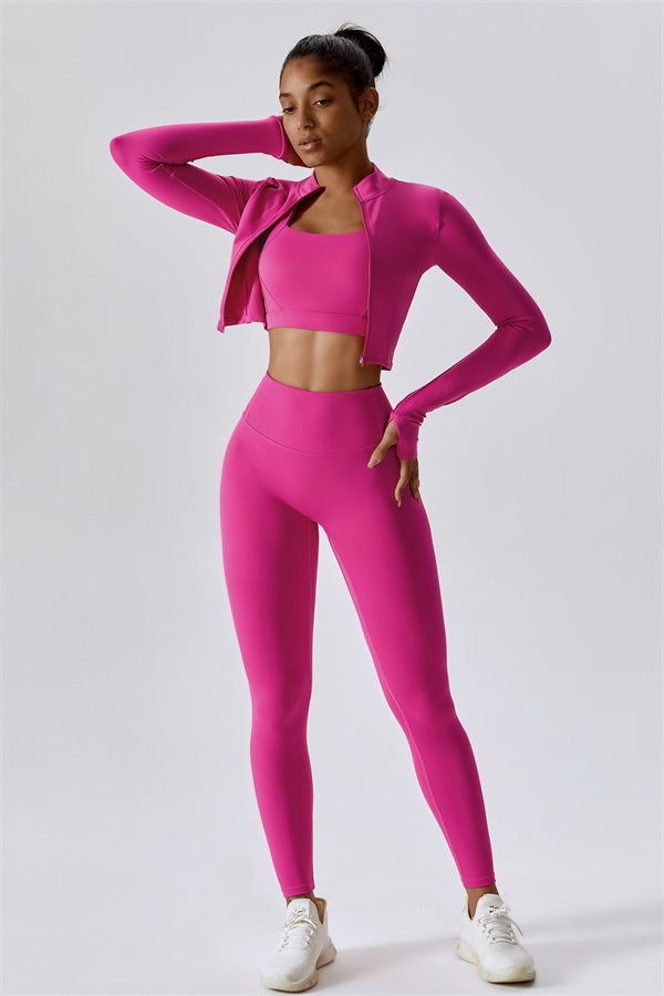 Fitglutes Activewear Eloise 3-piece matching set with sports bra, leggings, and jacket designed for gym and workout activities.