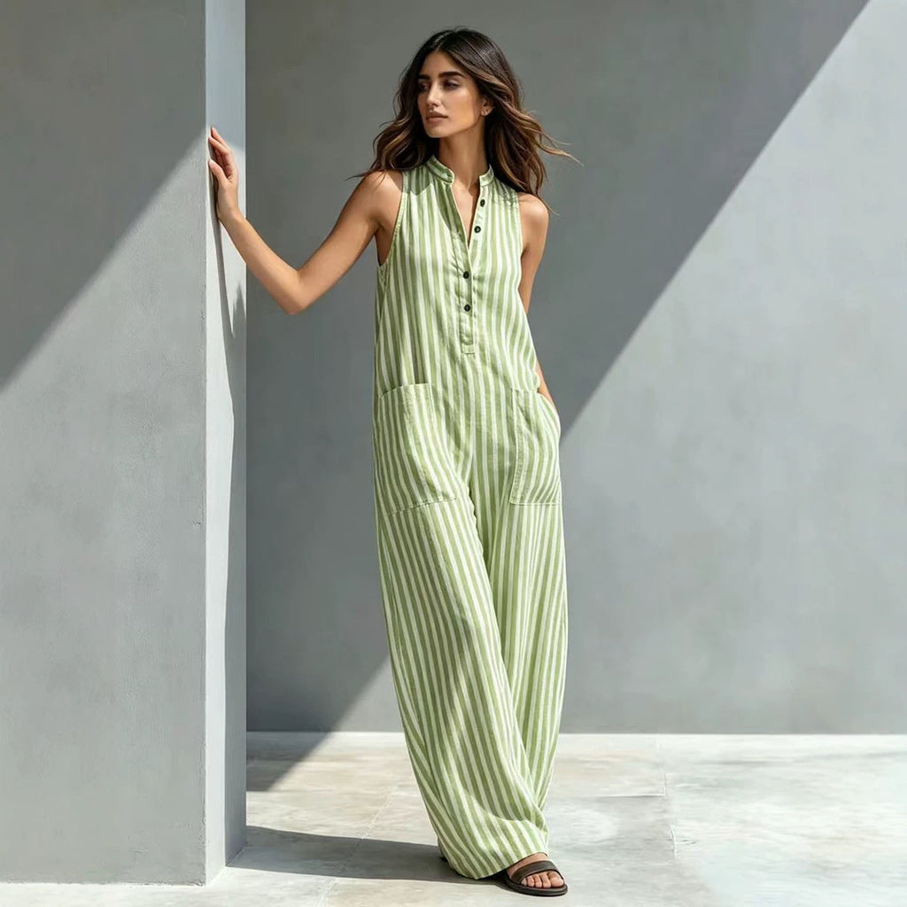 FitiqueFit sleeveless V-neck striped cropped jumpsuit in three colors, featuring a loose fit and sleeveless design, available in sizes S to 3XL.