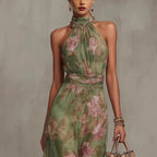 Green graffiti print mesh maxi dress by FitiqueFit featuring high waist, irregular slit, and streetwear-inspired design.