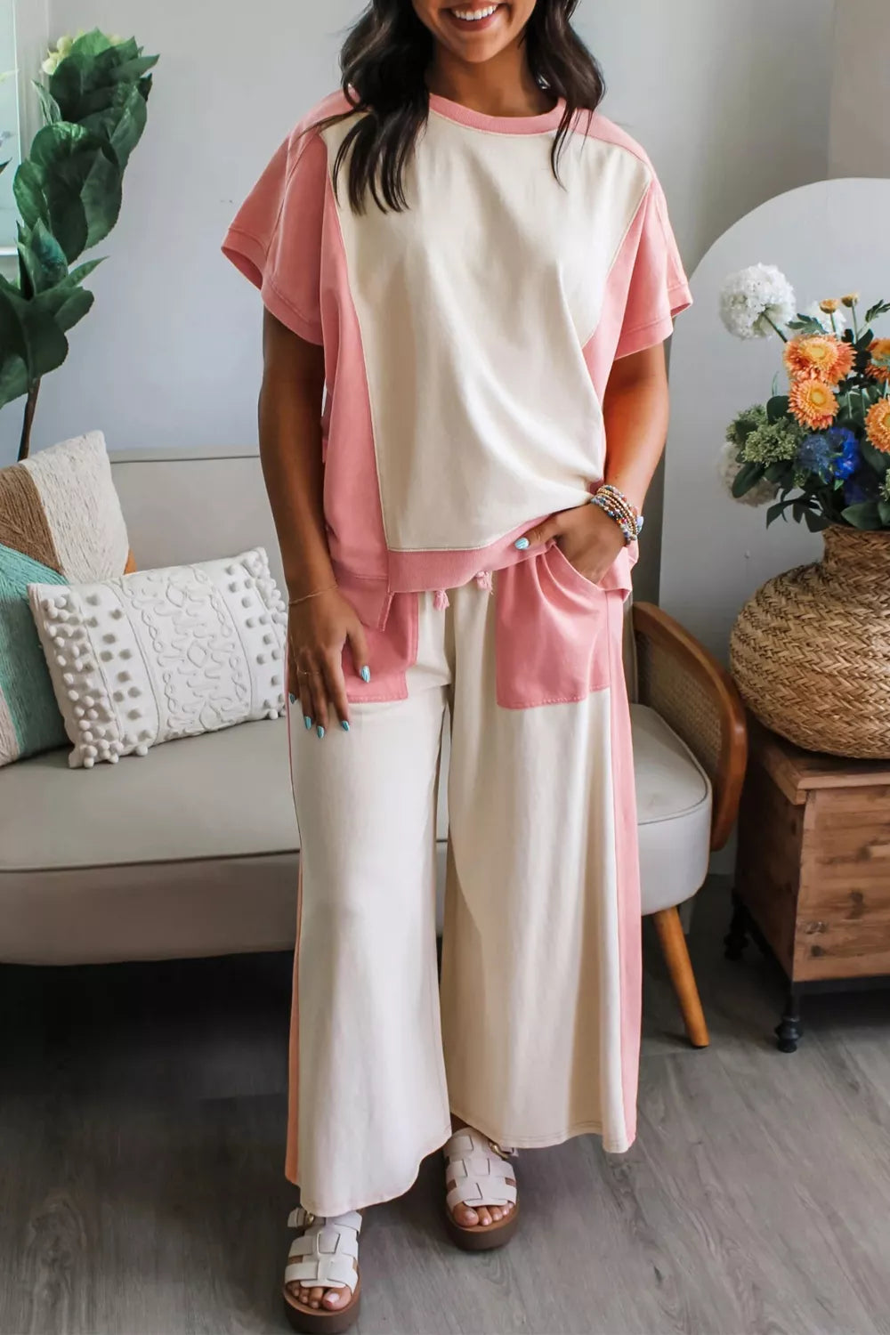 Two-tone color block patchwork loungewear set with a loose tee and drawstring pants from Plush Fashion Hub.
