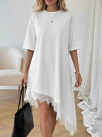 Women's lace trim asymmetric three-quarter sleeve dress by Plush Fashion Hub, featuring elegant lace details and stylish design.