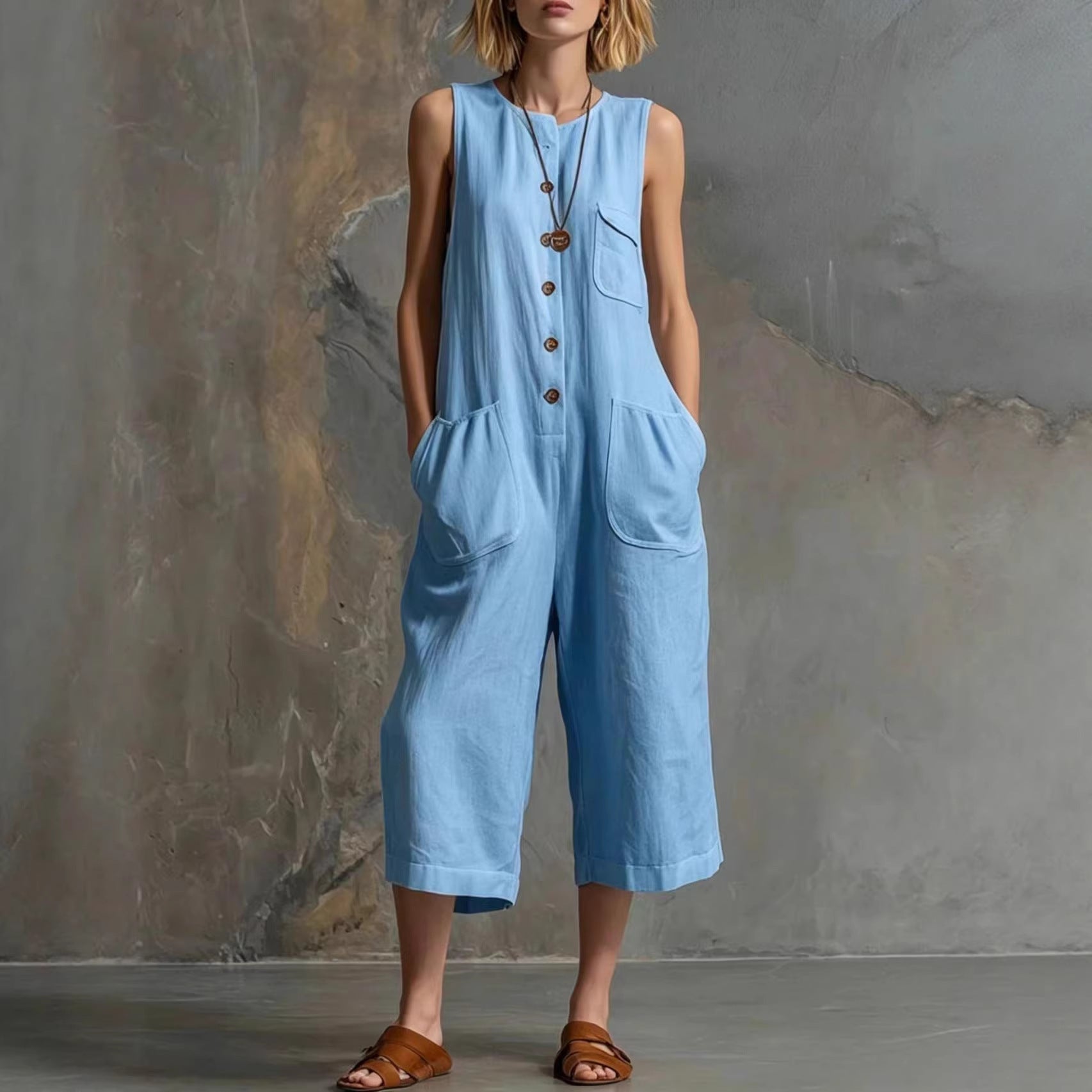 Retro sleeveless cotton-linen wide-leg cropped jumpsuit by LadyShow.Store, featuring a relaxed fit and vintage-inspired style.