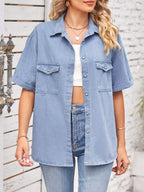 VYSN collared neck short sleeve denim jacket, casual fashion clothing, lightweight blue denim with front pockets and button closure.