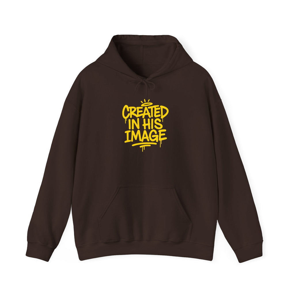 Gray "Created In His Image" hoodie by Wear Your Worship featuring Genesis 1:27 inspirational quote on soft pullover.