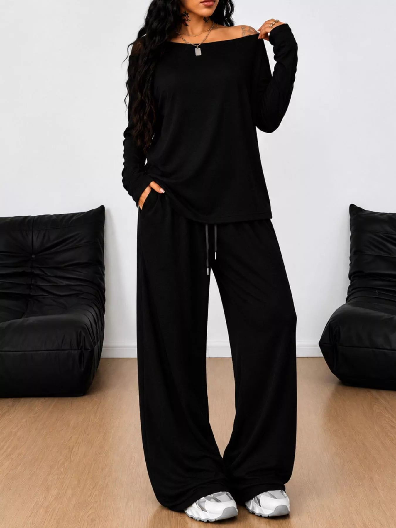 Plus size Trendsi loose fit one-shoulder T-shirt and pants set, featuring comfortable, relaxed style and casual fit.