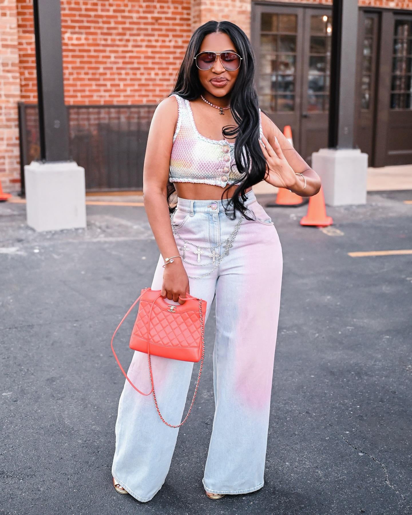 Gradient blush denim jeans from Plush Fashion Hub, showcasing a stylish fit with a soft blush and blue gradient wash.
