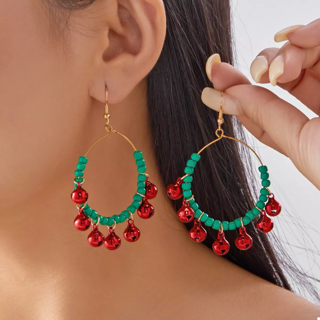 Christmas beaded hoop earrings with jingle bells, stylish festive jewelry by Shopimist, featuring colorful beads and holiday charm.