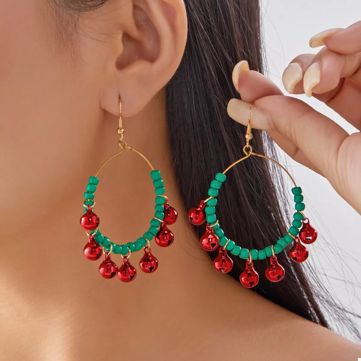 Beaded hoop earrings with jingle bells from Plush Fashion Hub, festive Christmas jewelry accessory for holiday outfits