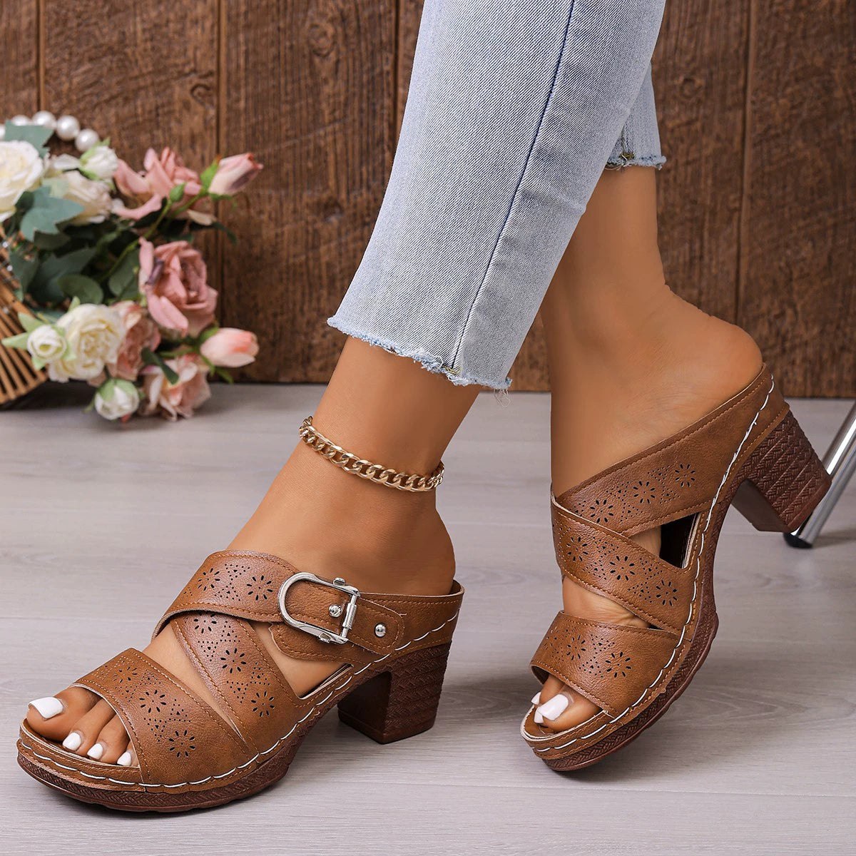 Women's open toe mid block heel sandals by Trendsi, stylish dressy casual shoes with comfortable design and ankle strap.