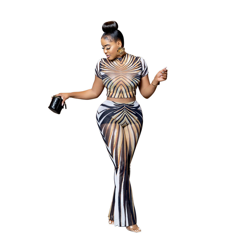Striped printed sheer mesh crop top set with short sleeves from Plush Fashion Hub, stylish and breathable for trendy casual wear.