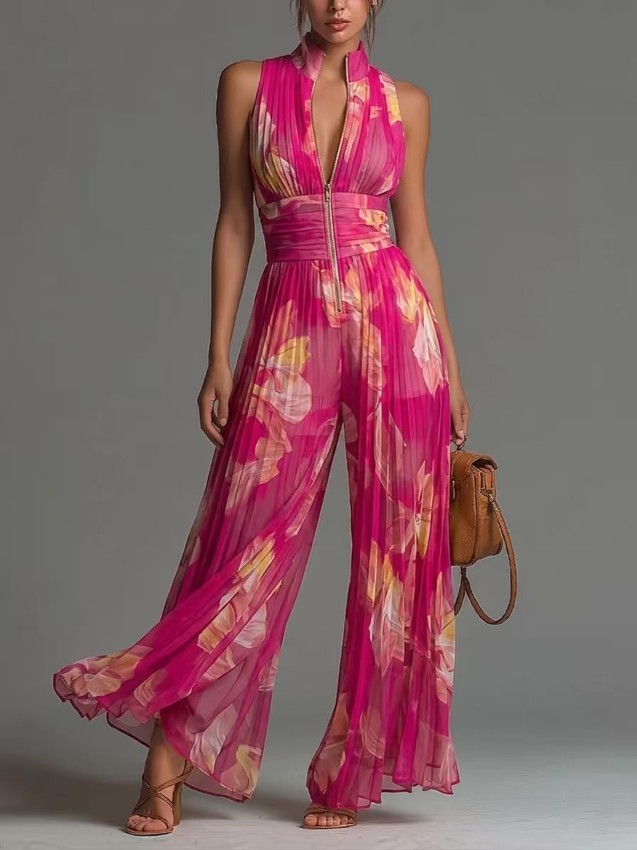 Women’s sleeveless pleated wide-leg jumpsuit by FitiqueFit featuring high waist and minimalist design, full-length and stylish.
