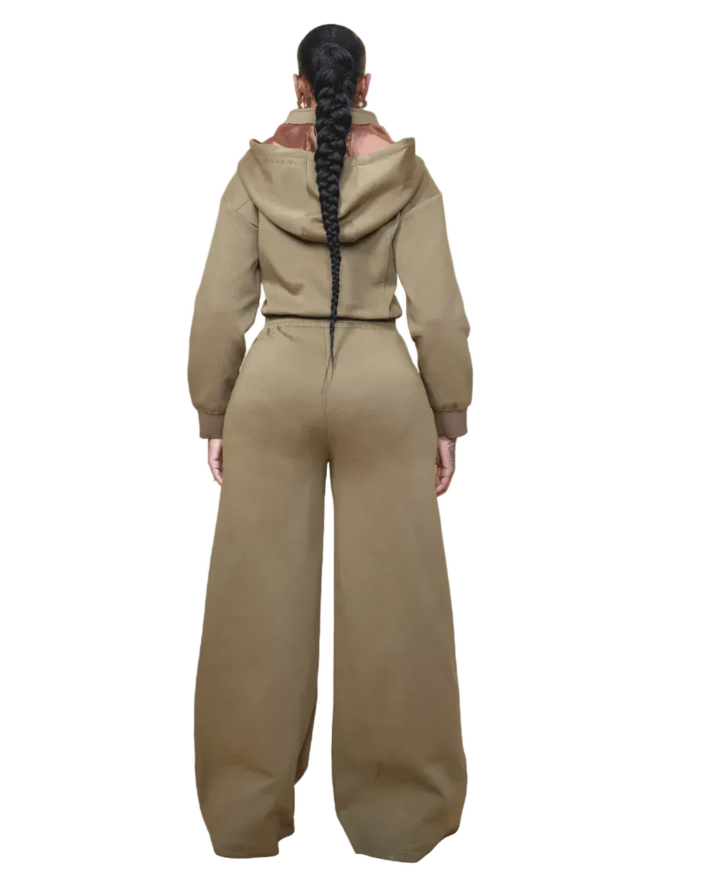 Green satin-lined jumpsuit from Plush Fashion Hub with a fitted waist and long sleeves, displayed on a neutral background.