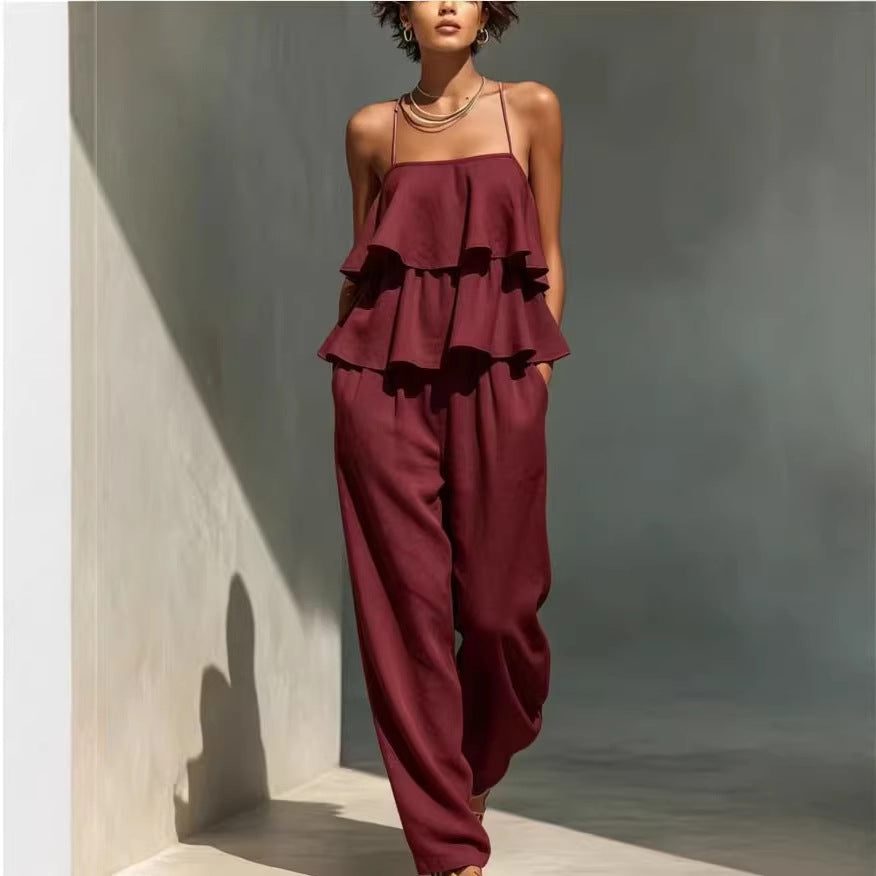 Women's sleeveless camisole top and casual pants set by FitiqueFit, featuring comfortable, stylish loungewear in soft fabric.