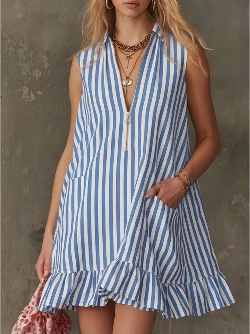 Striped zipper neck ruffle hem dress by Shopimist, featuring a stylish design with a fitted waist and flared hem.