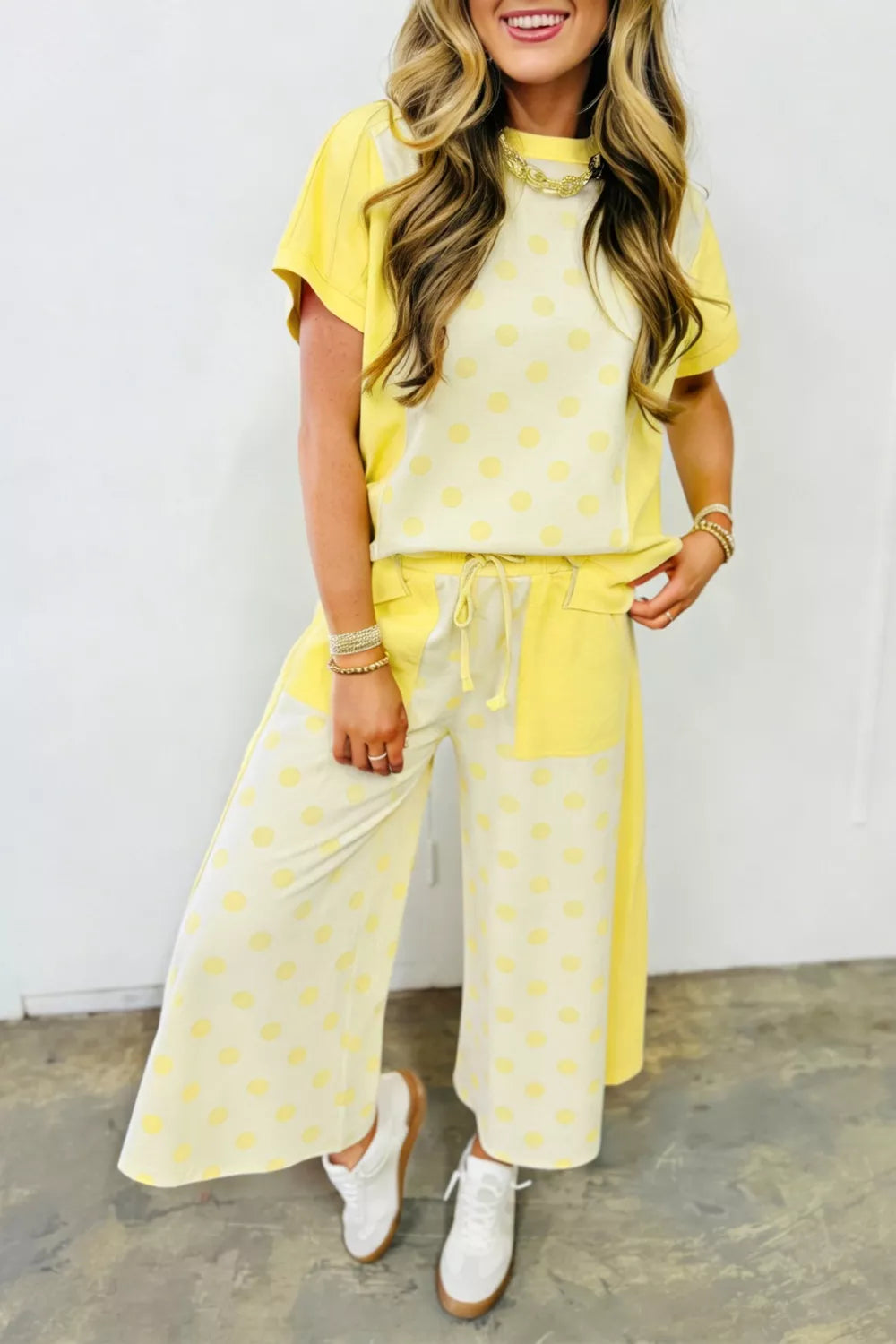 Color block patchwork polka dot top and wide-leg pant set by Shopimist, featuring bold patterns and vibrant colors.