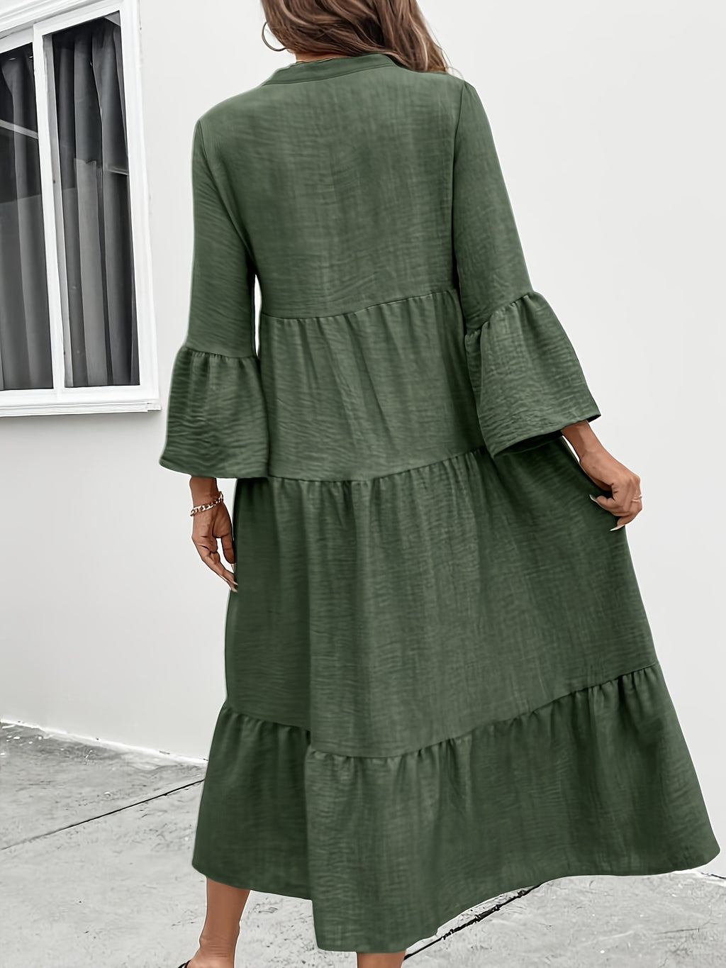 Casual button front tiered midi dress in cotton blend fabric, featuring a summer-ready design with a relaxed fit.