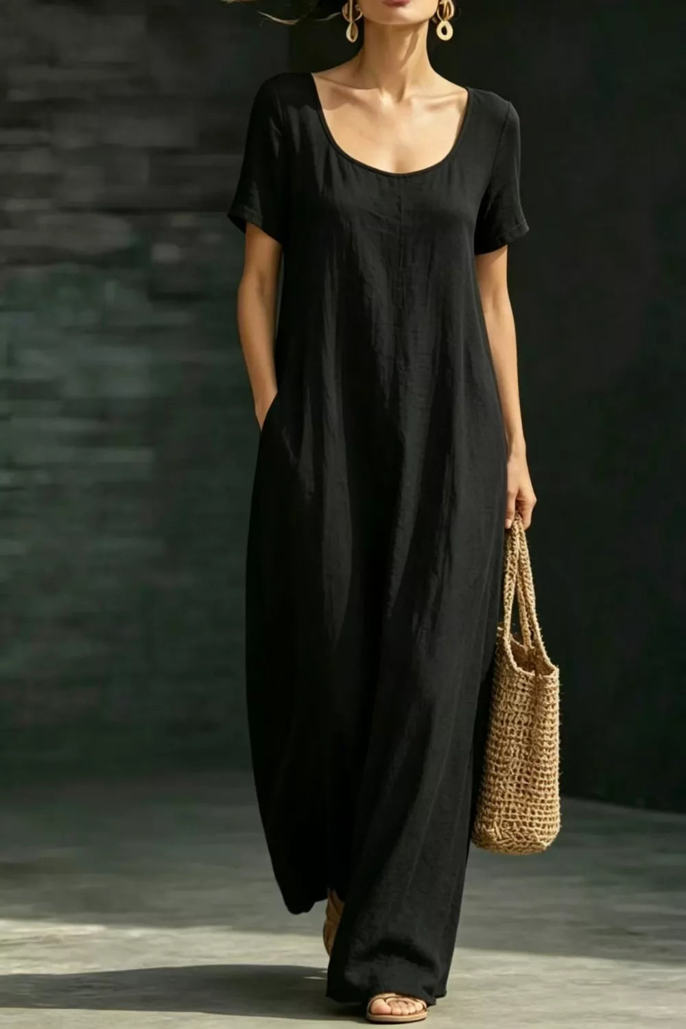 Full size casual loose short sleeve maxi dress by Plush Fashion Hub, featuring a relaxed fit and comfortable style.