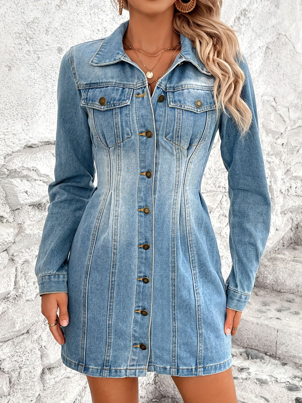 VYSN pocketed button-up long sleeve denim dress with front chest pockets and classic collar, casual fashion style.