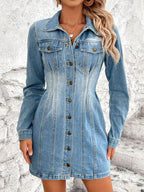 VYSN pocketed button-up long sleeve denim dress with front chest pockets and classic collar, casual fashion style.