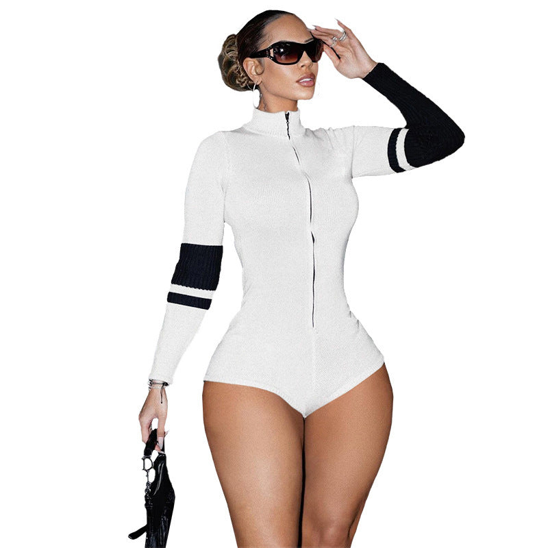 Women’s high neck zip-up bodycon jumpsuit by Plush Fashion Hub, close-up of black fitted playsuit with zipper detail.