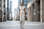 Women’s sleeveless waist-cinching two-piece suit set by FitiqueFit, casualwear with elegant design and fitted waist, shown on model.