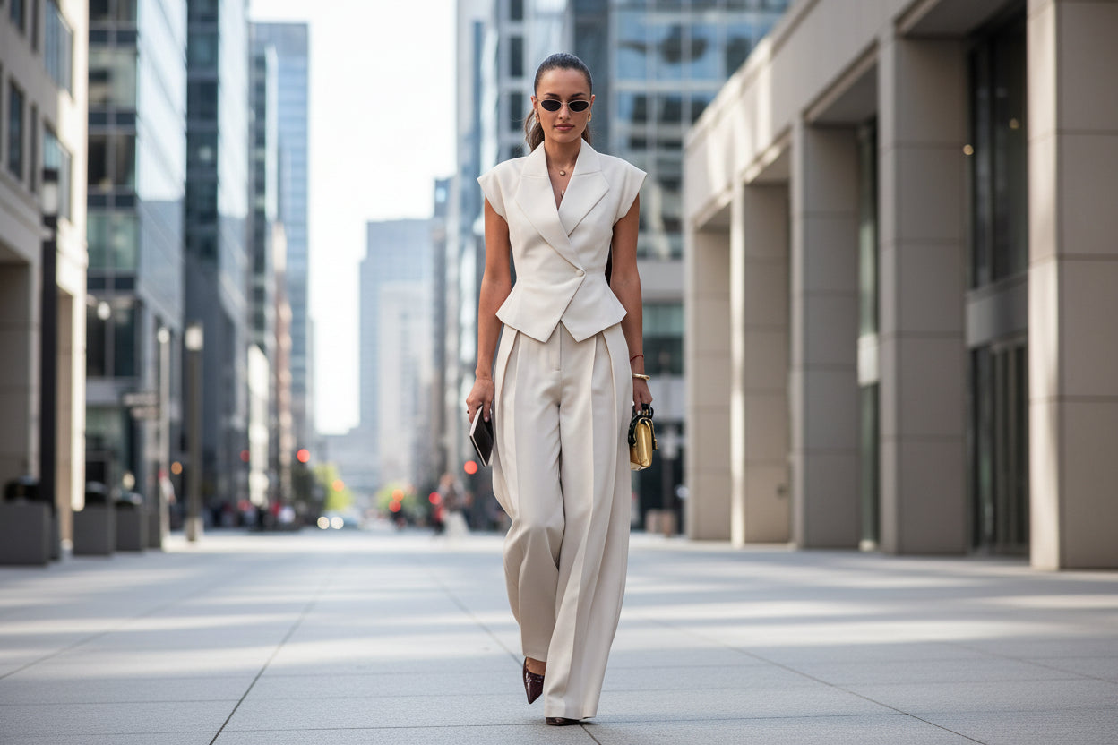 Women’s sleeveless waist-cinching two-piece suit set by FitiqueFit, casualwear with elegant design and fitted waist, shown on model.