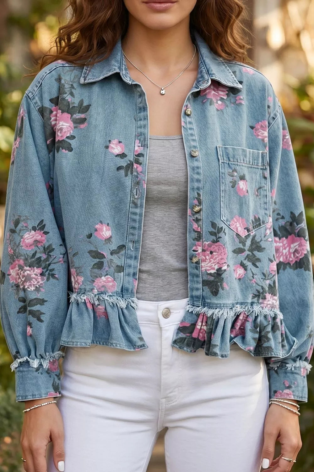 Floral print denim jacket with ruffled hem from Plush Fashion Hub, showing the colorful floral design and stylish ruffled details.