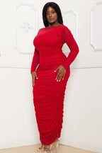 Red rhinestone mesh pleated plus size maxi dress by Fasheabe, featuring a flowing design and intricate embellishments.