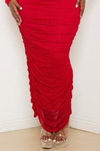 Red rhinestone mesh pleated plus size maxi dress by Fasheabe, featuring flowing fabric and intricate detailing.