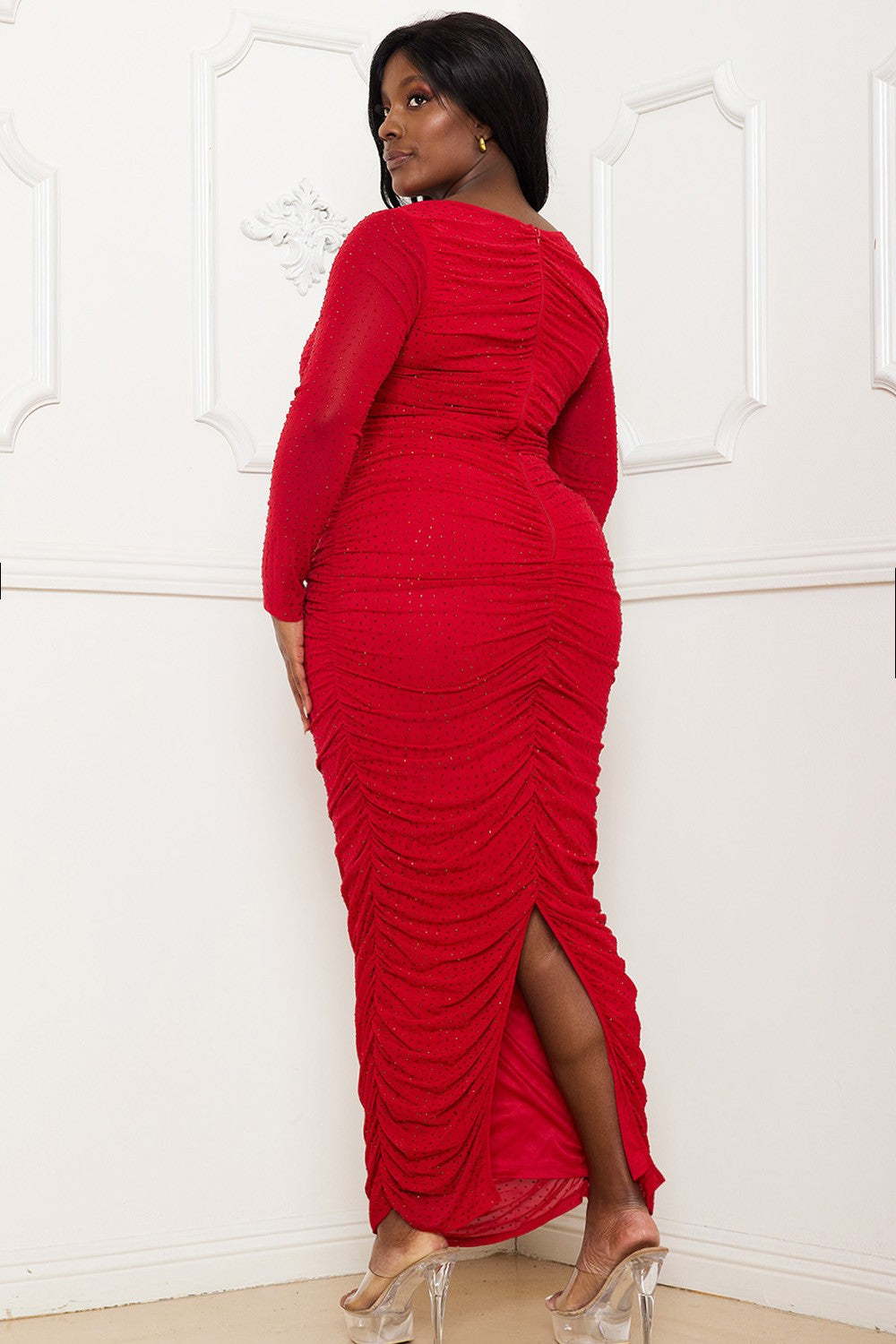 Red rhinestone mesh pleated plus size maxi dress from Fasheabe featuring elegant flowy fabric and intricate detailing.