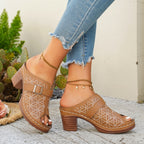 Women's chic buckle detail block heel sandals in premium faux leather, featuring stylish straps and a comfortable heel.