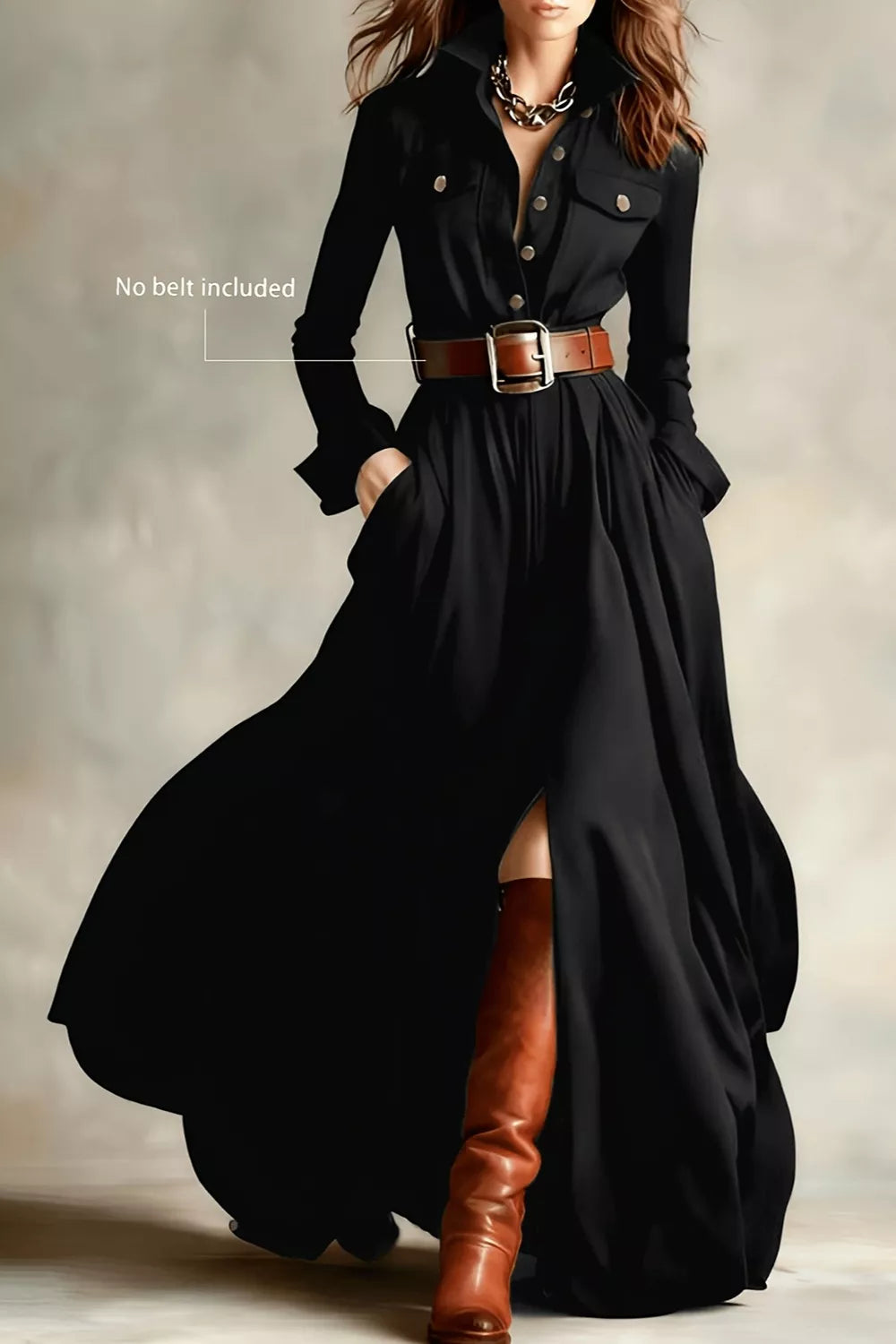 Trendsi slit long sleeve maxi shirt dress for women, featuring a flowing fabric and slit detail, worn as a stylish casual outfit.