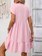 Women's casual V-neck mini dress with ruffle hem and ruched detailing, stylish Trendsi dress perfect for everyday wear.