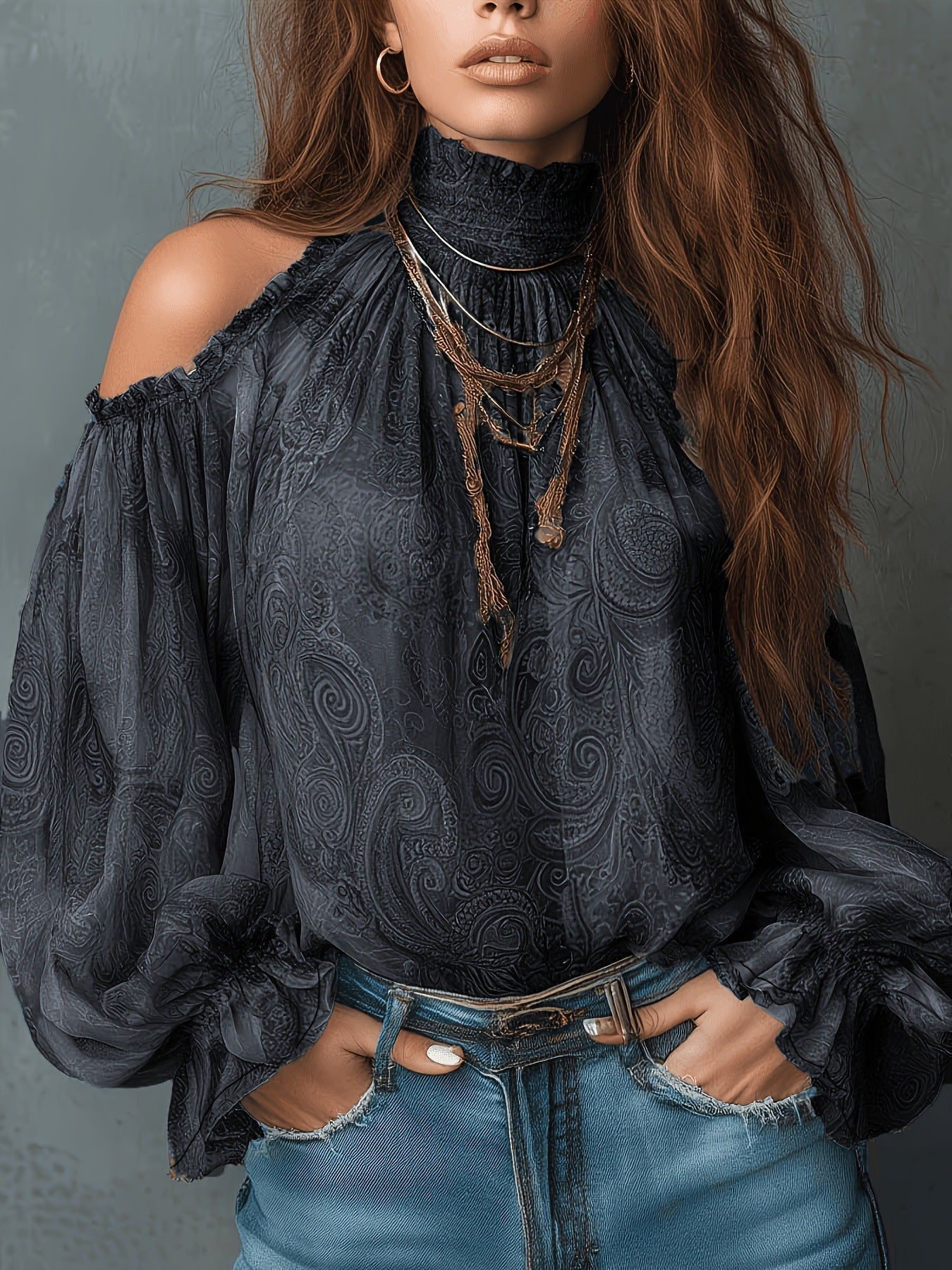 Women's retro cashew print off-shoulder blouse with lantern sleeves, casualwear from Plush Fashion Hub.