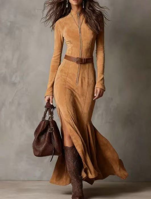 Women's suede velvet zip-front fishtail maxi dress with long sleeves, high waist, and mermaid hem from Plush Fashion Hub.
