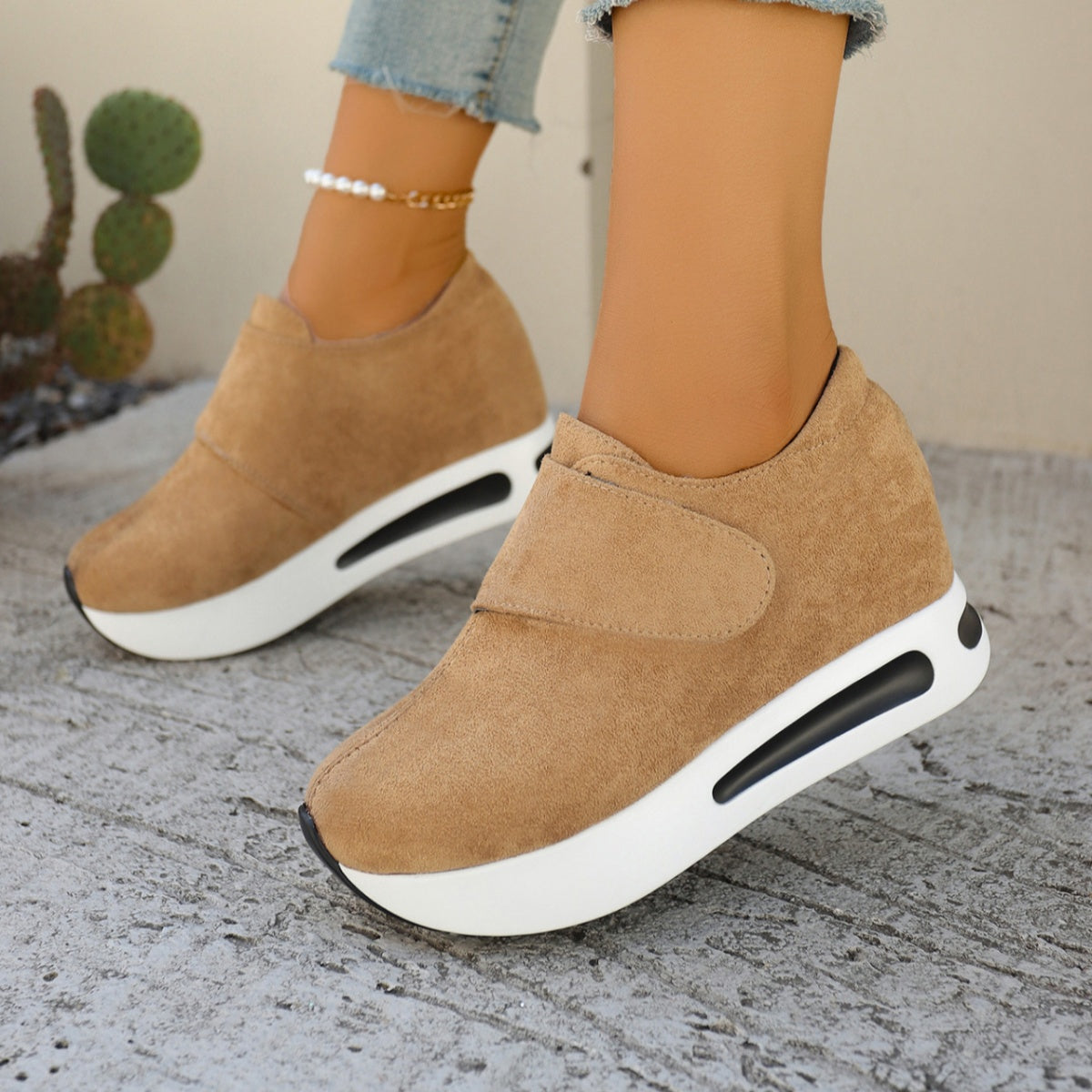 Women's round toe platform sneakers by Trendsi with trendy mid-heel design, casual shoes with comfortable, stylish look.