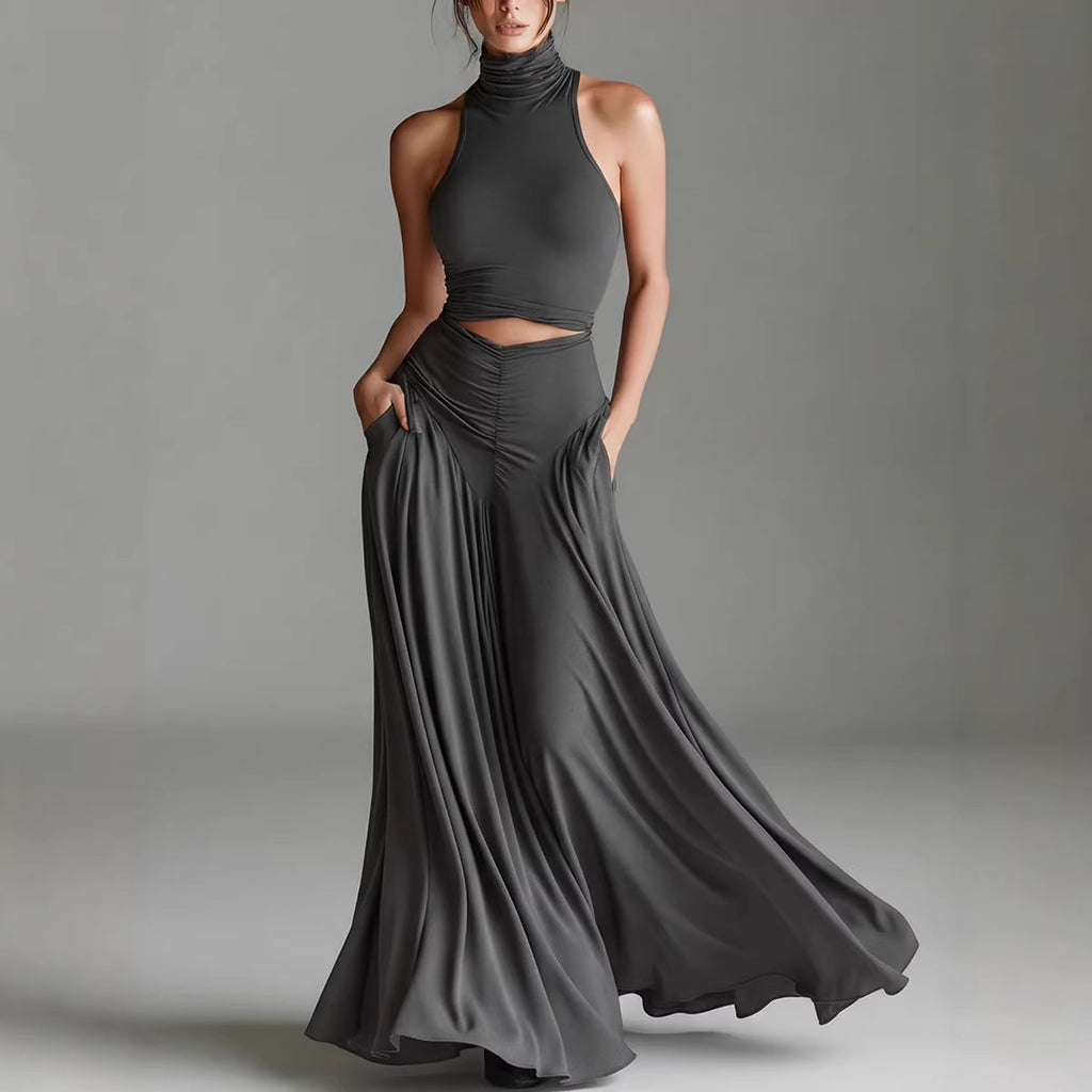 Style Sleeveless High Neck Top with Elegant Long Dress Two-Piece Set