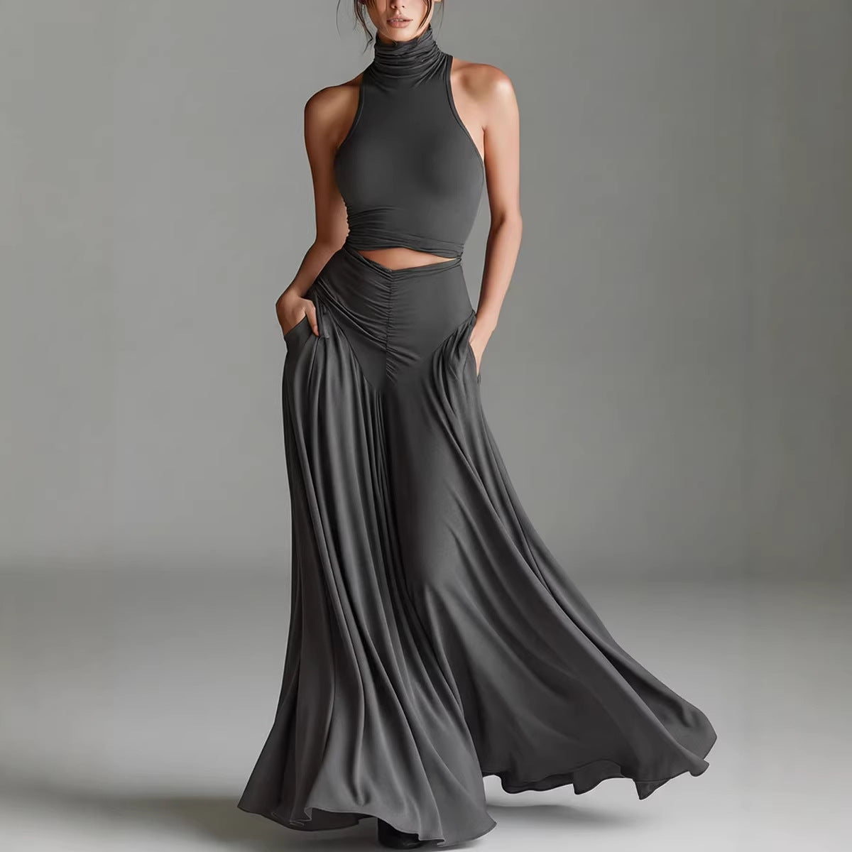 Plush Fashion Hub two-piece sleeveless high neck top and elegant long dress set, stylish formal outfits for women.