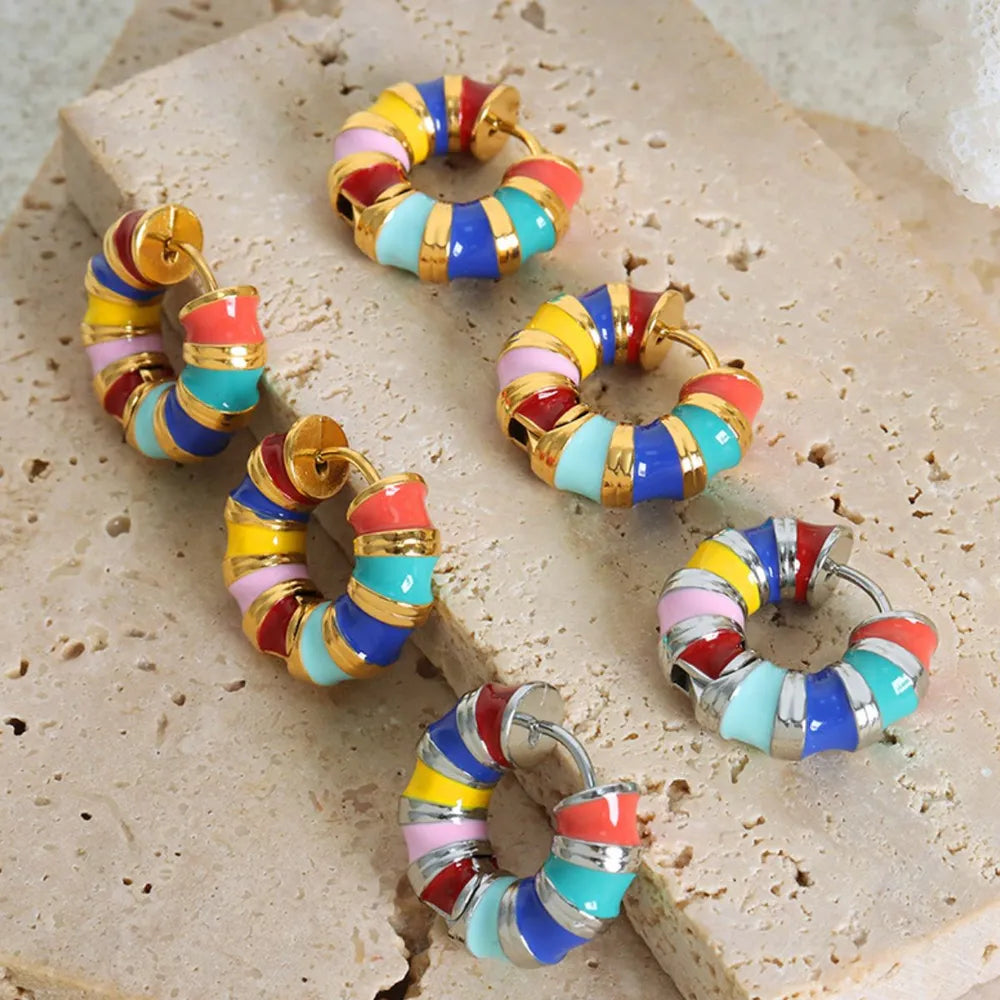 Titanium steel enamel hoop earrings with colorful design, stylish jewelry piece from Plush Fashion Hub for fashionable accessories.