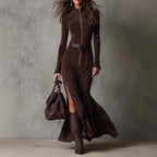 Women's Suede Velvet Zip-Front Fishtail Maxi Dress – Long Sleeve High Waist Mermaid Hem