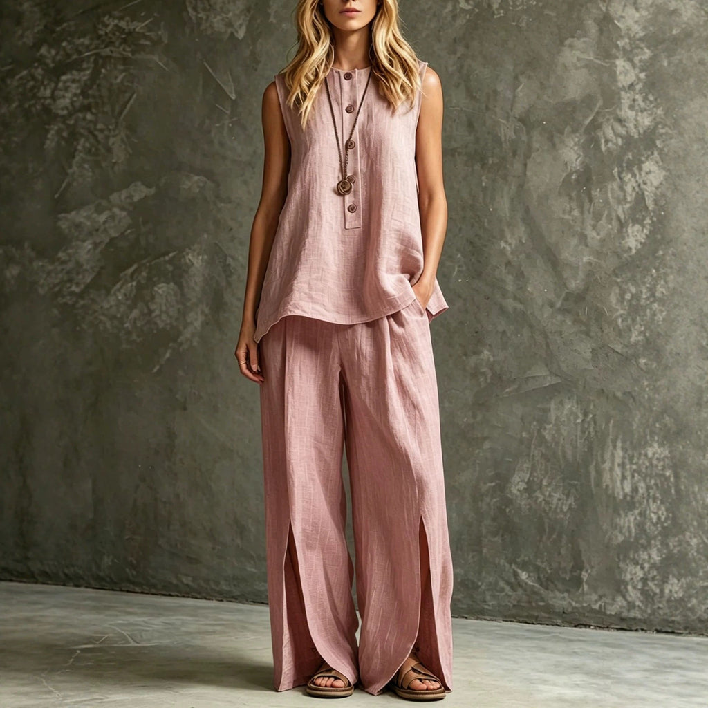 Women’s loose sleeveless tank top and slit wide-leg pants two-piece casualwear set by Plush Fashion Hub, shown on a model.