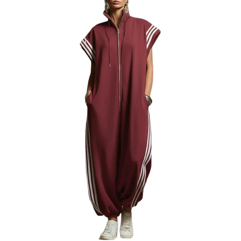 Fashionable Stripe Zipper Stand Collar Jumpsuit for Spring and Summer