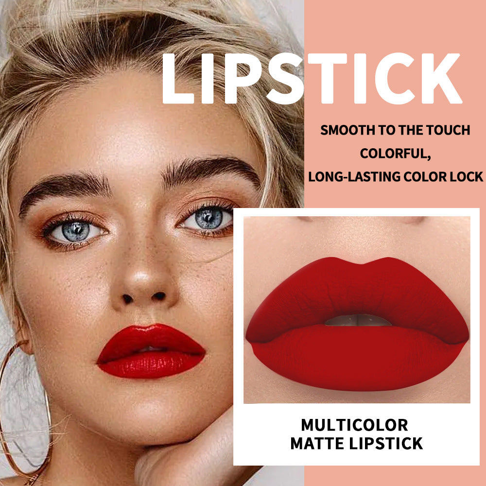 Woman wearing vibrant red matte lipstick with text overlaying the top and bottom.